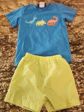 Blue Dino Tee with Lime Gingham Shorts Kids Matching Set